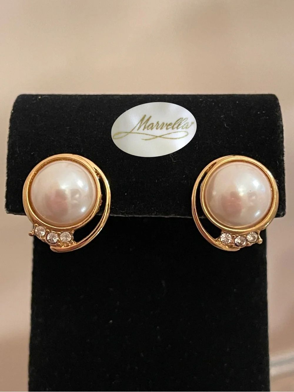 Vintage Marvella Faux Pearl and Rhinestone Button Earrings